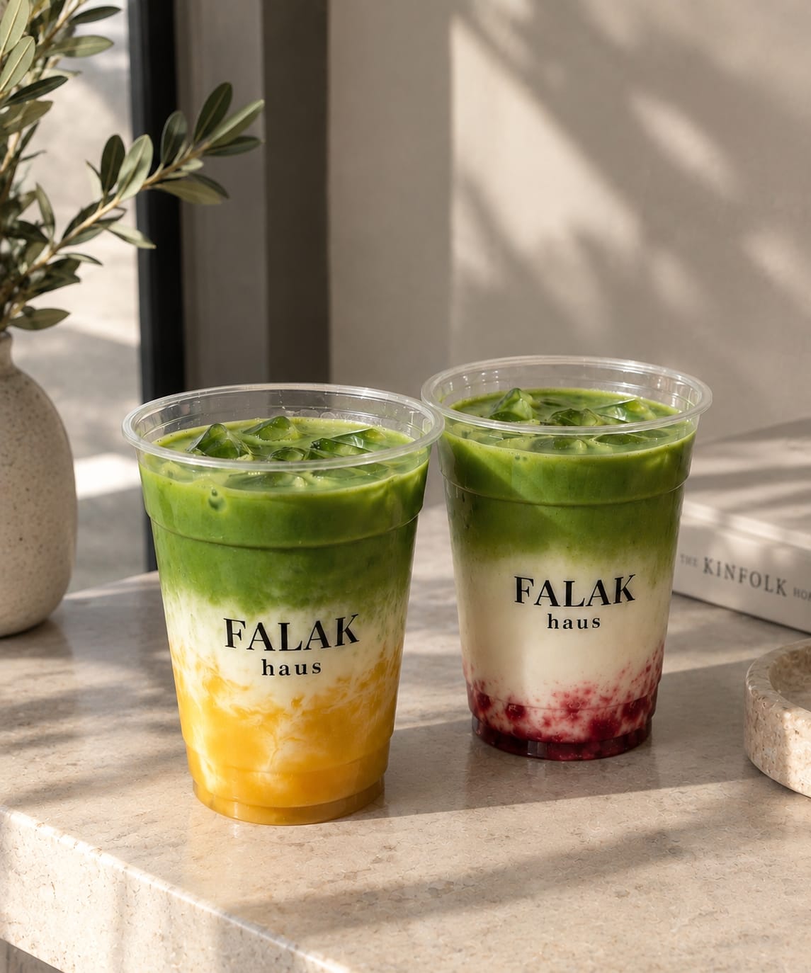 Two layered iced matcha lattes crafted by Falak Haus